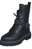 Black PU Lace-up Combat Boots With Rivet - Mislish