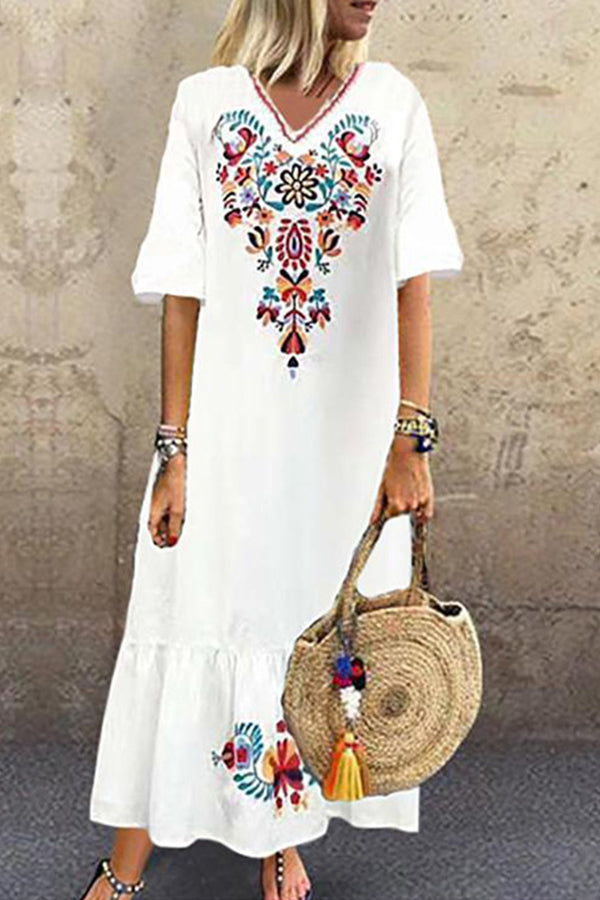 V-neck Embroidered Swing Dress Mislish V-neck Embroidered Swing Dress Mislish