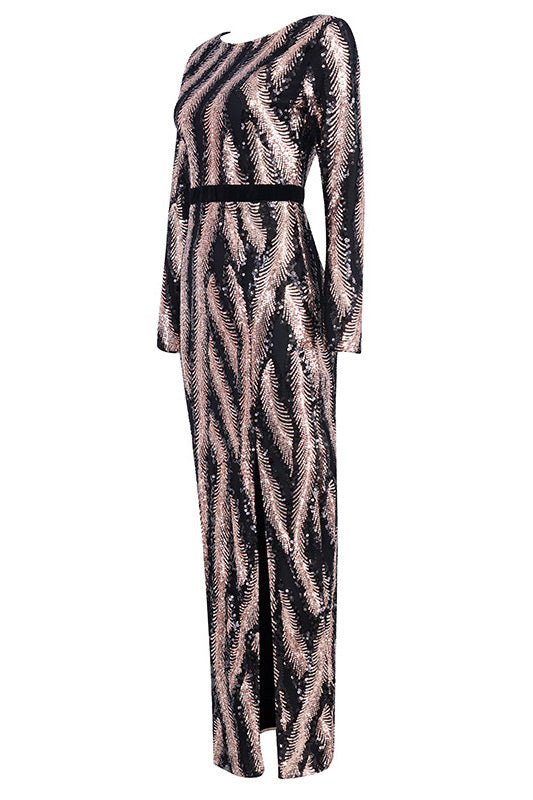 Black Sequined Thigh-high Slit Prom Dress With Long Sleeves – Mislish