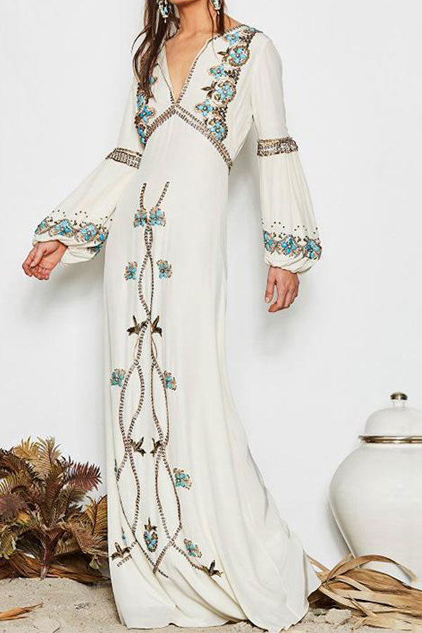 Boho Embroidered Lantern Sleeves Maxi Dress Mislish Boho Embroidered Lantern Sleeves Maxi Dress Mislish