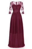 Burgundy Long A-line Long Sleeves Prom Dress With Appliques