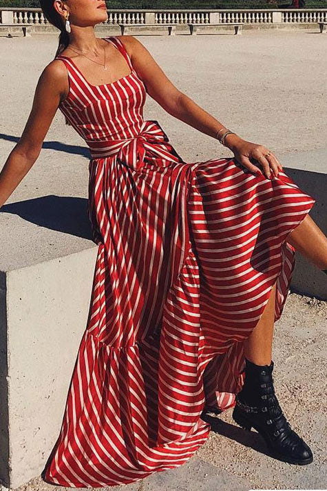 fitted lace wedding dress Lighthearted Days Red Stripe Belted Button Front Maxi Shirt Dress main image 1