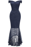 Dark Navy Off-the-shoulder Lace Mermaid High Low Prom Dress