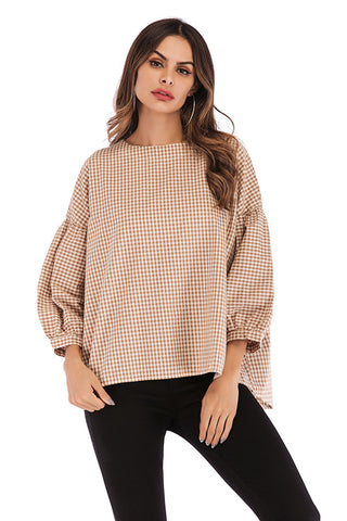 Gingham Button Back Blouse With Puff Sleeves - Mislish