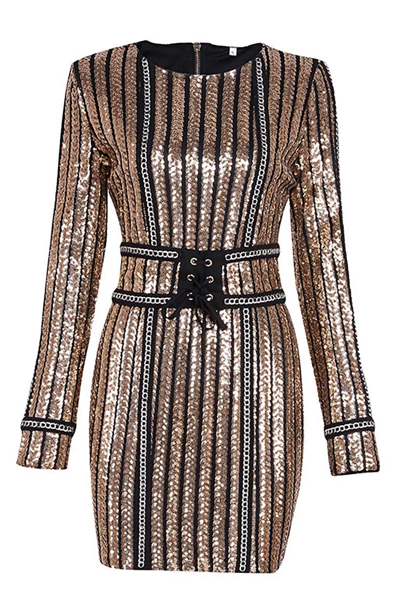 slim fit dress slacks Rose Gold and Beige Sequin Short Dress with Long Sleeves main image 0