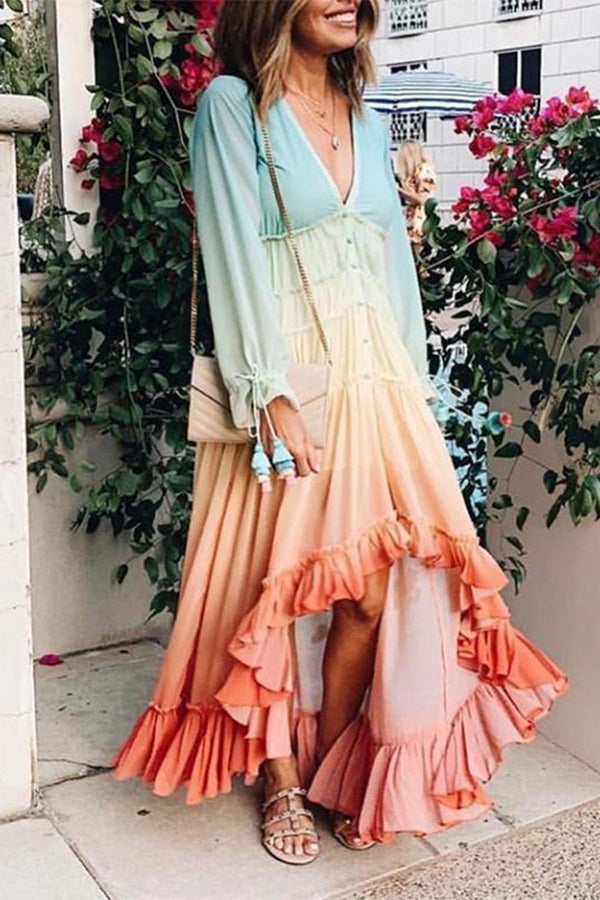 color a ruffle maxi dress Strapless Sweetheart Long Print Prom Dress with Ruffle Lilac / 8