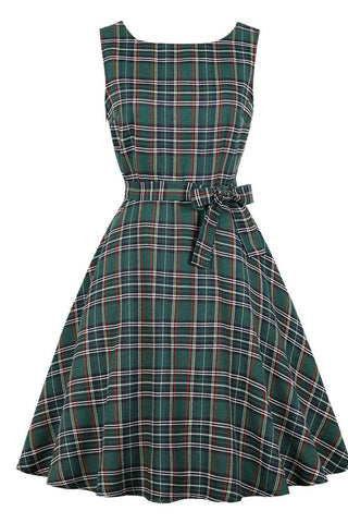 Green Plaid Sleeveless Vintage Dress - Mislish