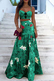 Chic Green Print Sleeveless Two Piece Dresses