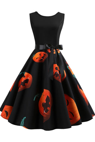 Halloween Sleeveless Pumpkin Print Panel Dress - Mislish