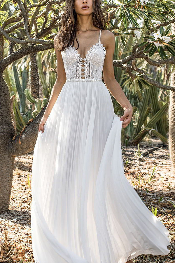 Long Spaghetti Straps Chiffon Dress with Lace Top Pool