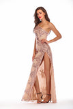 One Shoulder Sequined Thigh-high Slit Prom Dress - Mislish