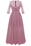 Pink A-line Lace Prom Dress With Long Sleeves