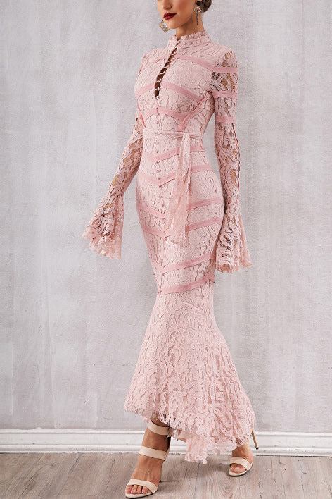 Pink Lace Patched Lace-up Mermaid Bandage Dress Mislish Pink Lace Patched Lace-up Mermaid Bandage Dress Mislish