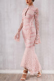 Pink Lace Patched Lace-up Mermaid Bandage Dress - Mislish