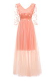Pink Long V-neck Applique A-line Prom Dress With Sleeves