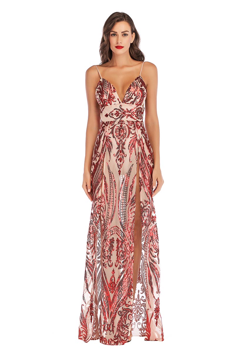 Elegant V-neck Sequined Sexy Slit Maxi Dress