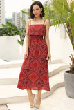 Red Square Print  Backless Long Dress With Spaghetti Straps - Mislish