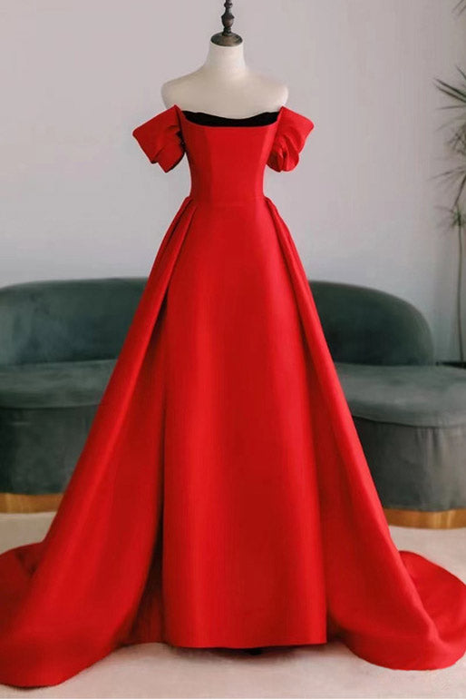 Red Off Shoulder Watteau Train Formal Evening Dress – Mislish