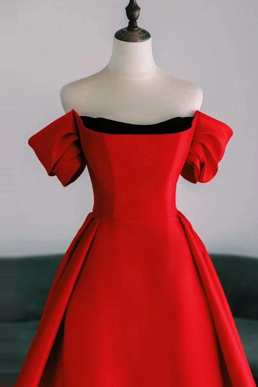 Red Off Shoulder Watteau Train Formal Evening Dress – Mislish