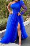Royal Blue One Sleeve A-Line Tulle Prom Gown Evening Dress
