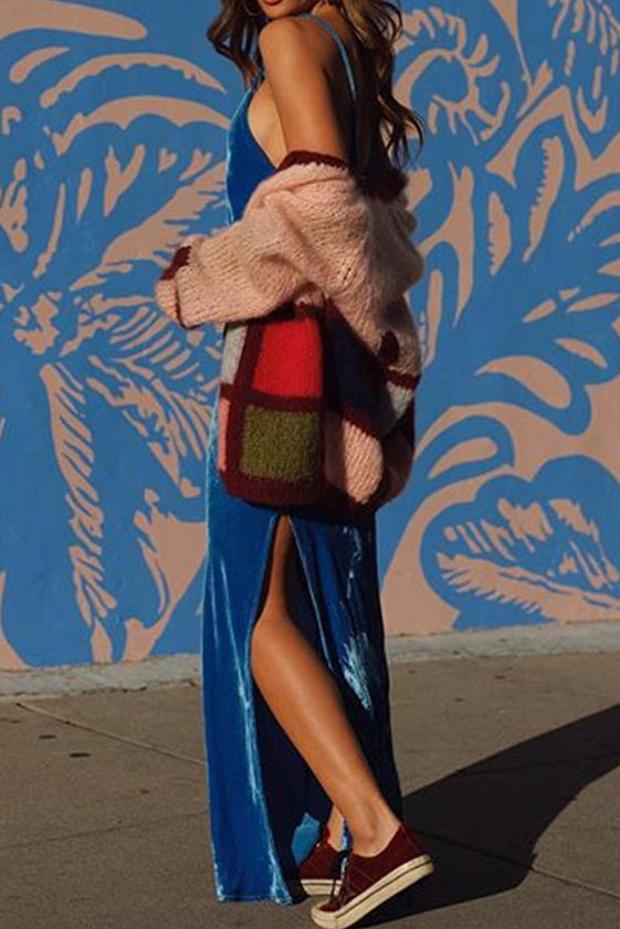 Royal Blue Suede Slit Backless Slip Dress  Mislish