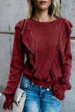 Solid Color Ruffled Round Neck Blouse - Mislish