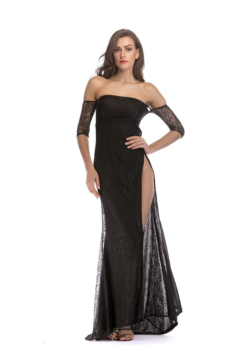 Sexy Red Off-the-shoulder Lace Thigh-high Slit Long Dress – Mislish