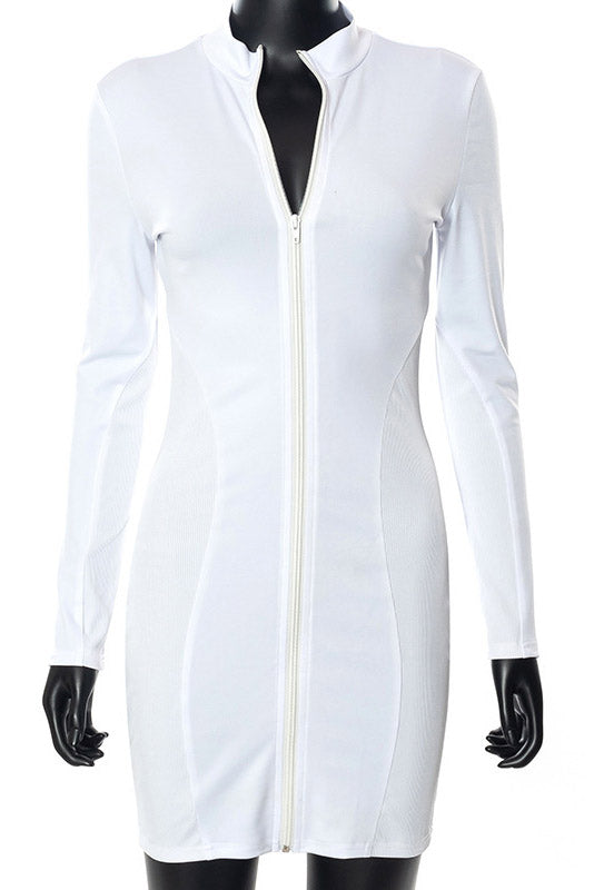 Long Sleeve Zip Front Mini Dress in White