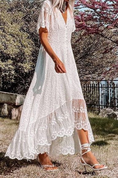White Lace V-Neck High-Low Maxi Dress – Mislish