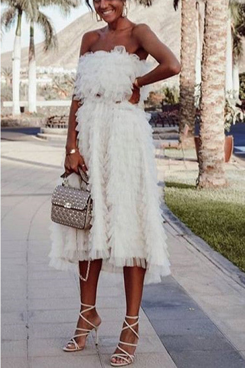 tulle bandeau tiered midi dress White Tulle Backless Bandeau Dress – Mislish