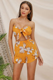 Yellow Floral Bandeau Knot Front Two Piece Sets - Mislish