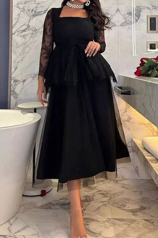 Black Midi A-Line Long Sleeve Party Cocktail Dress