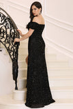 Black Off Shoulder Sequins High Split Evening Prom Dresses