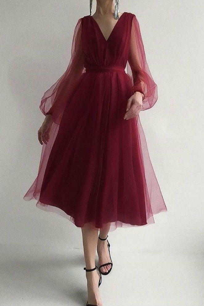 Burgundy Long Sleeve V-Neck Tulle Prom Dress