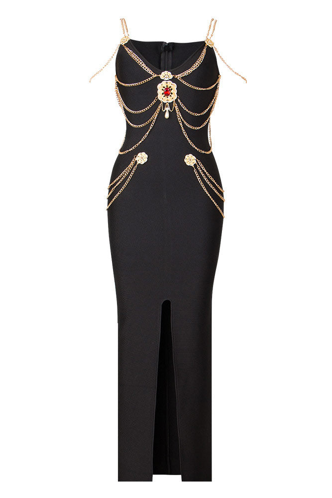 Celebrity Inspired Black Evening Dress With Gold Chain