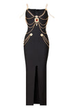Celebrity Inspired Black Evening Dress With Gold Chain