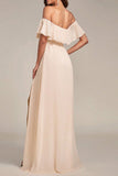 Long Champagne Off Shoulder Maxi Bridesmaid Dresses