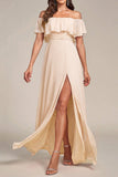 Long Champagne Off Shoulder Maxi Bridesmaid Dresses