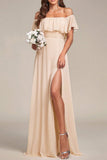 Long Champagne Off Shoulder Maxi Bridesmaid Dresses