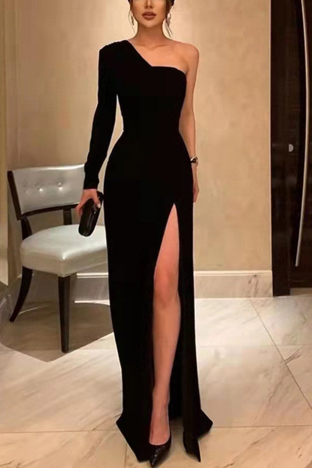 Chic Black One Sleeve Prom Gown Evening Dress