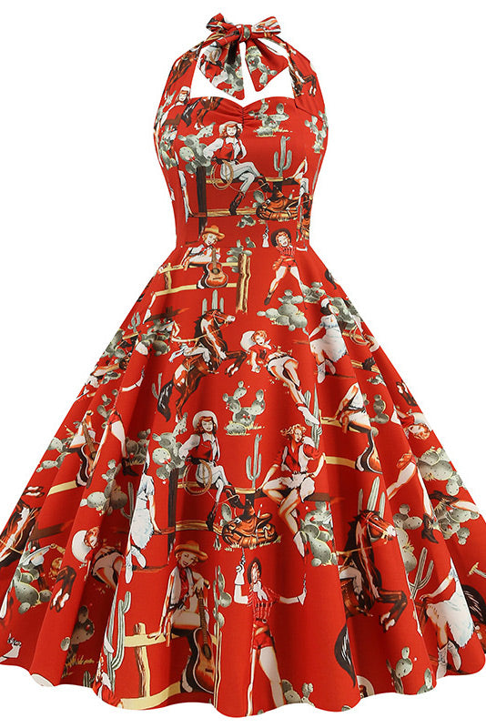 Classic Print Halter A-Line Party Dress