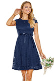 Dark Navy Lace Cap Sleeves A-Line Party Dress