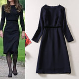 Kate Middleton Inspired Dark Navy Long Sleeve Knee Length Dress
