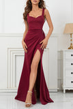 Floor Length Burgundy High Split Prom Gown Evening Dress