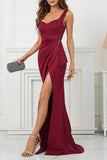 Floor Length Burgundy High Split Prom Gown Evening Dress