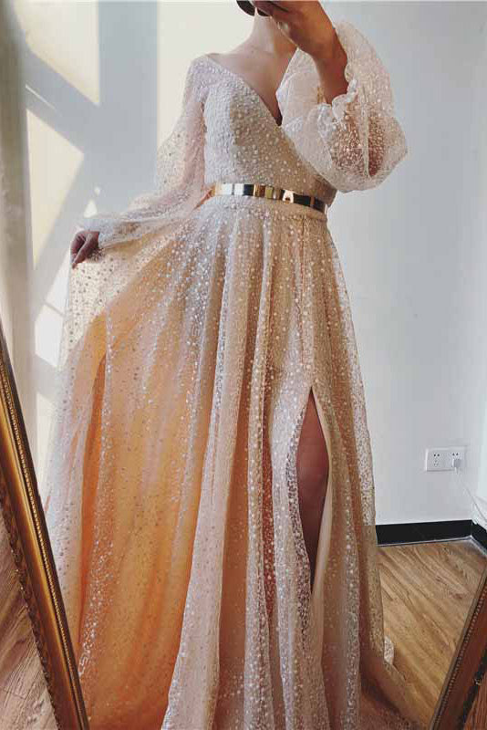 Floor Length Plunging A-Line Long Sleeve Prom Dress
