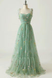 Full Length Mint A-Line Tulle Sleeveless Prom Gown Evening Dress