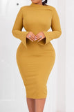 Knee Length Gold Long Sleeve Office Dress