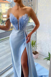 Sexy Light Sky Blue High Split Feather Evening Dress