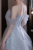 Light Sky Blue Off Shoulder A-Line Prom Dress